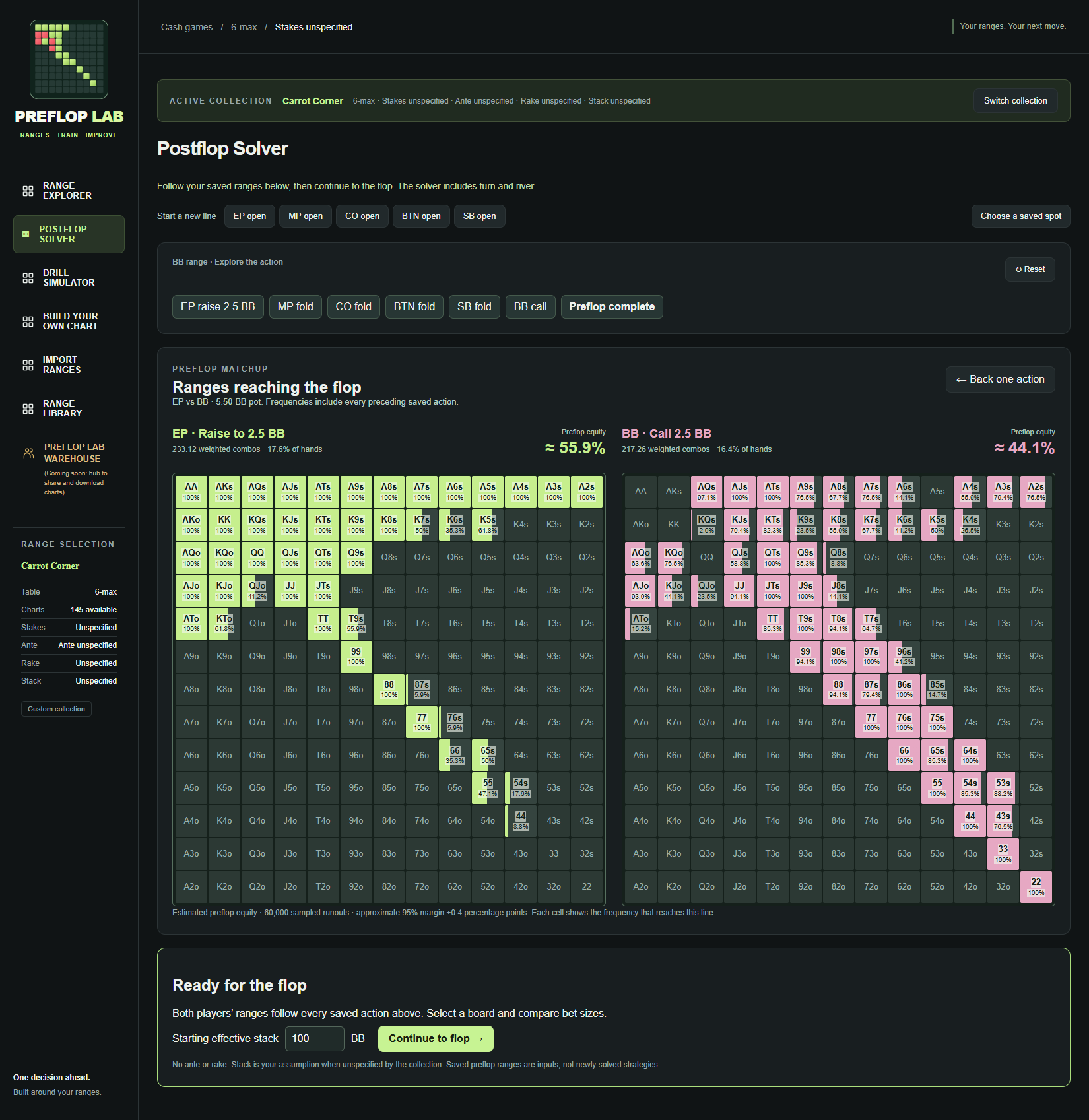 Preflop Lab range comparison interface